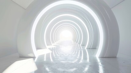 Obraz premium Minimalist white corridor with concentric patterns leading to a central bright light, symbolizing a journey to enlightenment