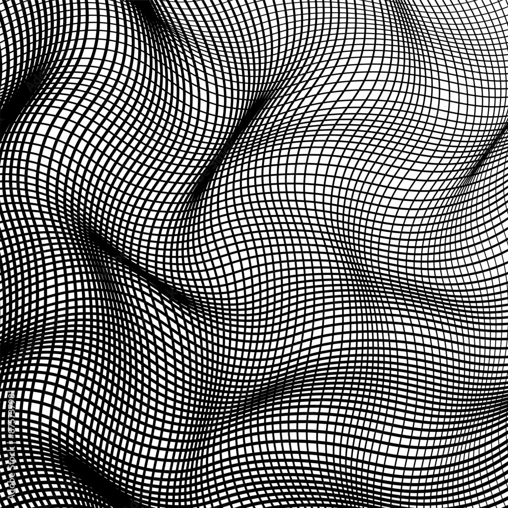 Wall mural distorted wave grid monochrome texture. modern dynamical rippled curve surface background. technolog