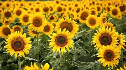 Agricultural field of the blooming common sunflowers stretching to the horizon