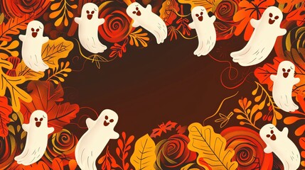 Fototapeta premium Whimsical Halloween frame featuring playful ghosts and autumn leaves, perfect for seasonal greetings and festive designs.