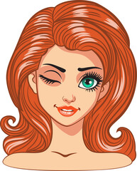 Young cartoon woman with big eyes, long eyelashes and ginger hair winking. Expressive ginger girl, female avatar.