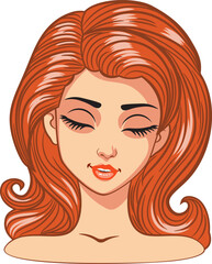 Young cartoon woman with big closed eyes, long eyelashes and ginger hair. Expressive ginger girl, female avatar.
