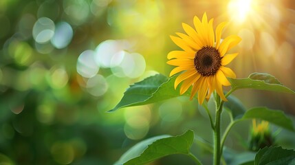 Beautiful small sunflower with leafs closeup on blurred natural background
