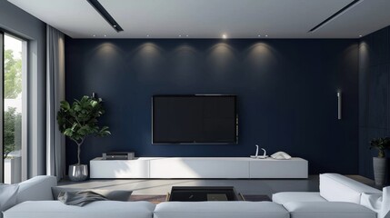 Sleek entertainment room with large TV and minimalist white cabinetry, modern and clean design, dark blue wall for contrast