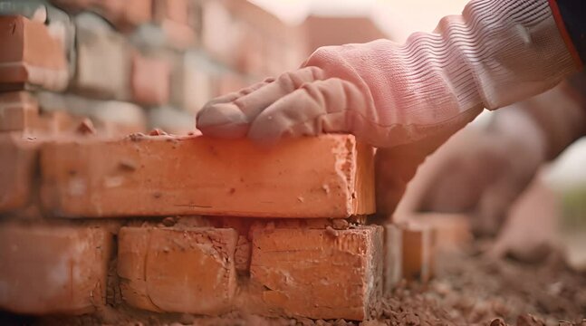 A bricklayer is wearing yellow gloves and is laying a brick on a wall.