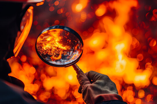 Fire surveillance inspection indicator and firefighting with a magnifying glass on a red-orange background, fireman and conflagration concept