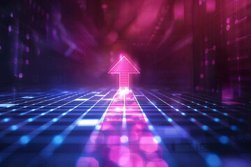 Light arrow pointing up on a dark purple and blue grid background, digital growth and development concept