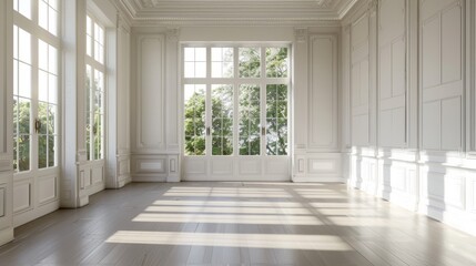 Fototapeta premium Spacious empty room with classic wainscoting and large windows, soft natural light filling the space, tranquil and elegant