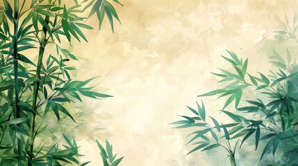 Bamboo watercolor painting with a splash of color on a beige background