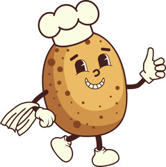 Funny cartoon potato chef walking and show thumb up illustration. Vegetable character, healthy food concept.