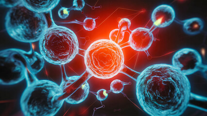 Glowing interconnected cells with a vibrant red nucleus.