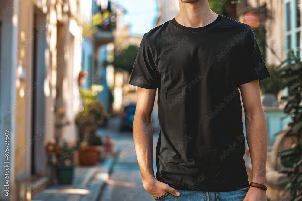 Canvas Prints Boy wearing black t-shirt on street in daylight, Shirt Mockup Template on hipster adult for design print, Male guy wearing casual t-shirt mockup placement.