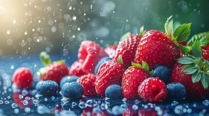 Close-up of fresh strawberries, blueberries, and raspberries with water droplets against a blurred background