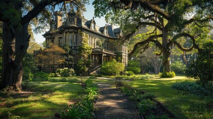 Fototapeta premium An elegant Victorian mansion surrounded by lush gardens and ancient oak trees casting dappled shadows on its facade.