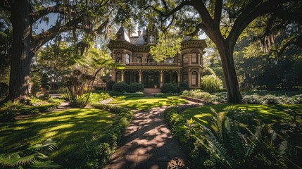 Fototapeta premium An elegant Victorian mansion surrounded by lush gardens and ancient oak trees casting dappled shadows on its facade.