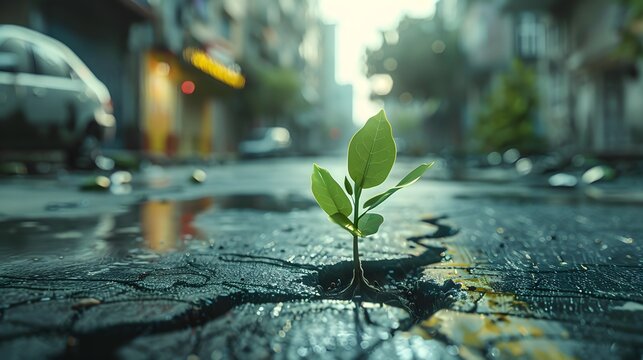 A green sprout growing through the asphalt of an empty street, symbolizing hope and growth amidst chaos. embodying resilience against adversity.
