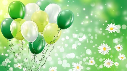 Bright greeting card with balloons for your birthday green illustration