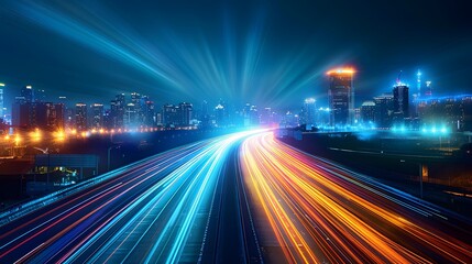 Fototapeta premium A long exposure photograph of city lights on the highway, creating streaks and patterns in blue, orange, green, and yellow colors against an urban skyline at night.