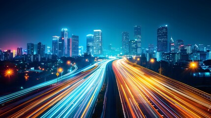 Fototapeta premium A long exposure photograph of city lights on the highway, creating streaks and patterns in blue, orange, green, and yellow colors against an urban skyline at night.