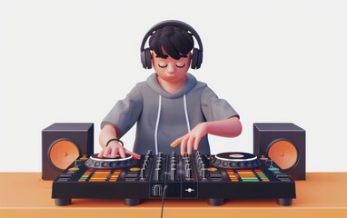 Animated DJ mixing music on a turntable with speakers, wearing headphones and a hoodie, focused on creating beats in a modern studio.