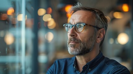 Fototapeta premium A middle-aged man with glasses is looking out the window in an office, he has short hair and beard. while being surrounded by modern architecture.