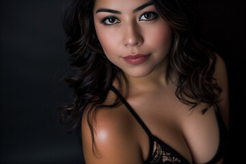 Fototapeta premium Natural smiling portrait of a hispanic latino indian asian woman against dark grey background