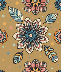 Abstract decorative folk style flowers and leaves, seamless patterns for fabric, textiles, clothing, wrapping paper, cover, banner, interior decor.