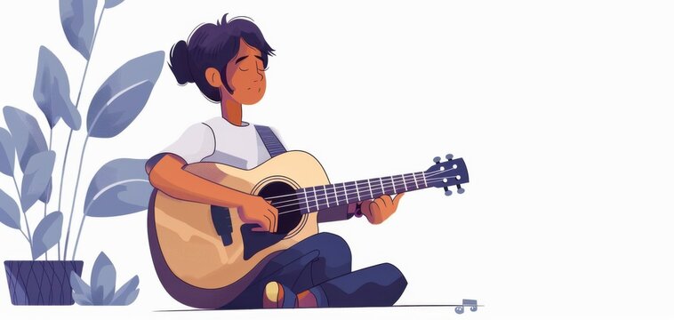 Illustration of a person sitting and playing a guitar next to plants, symbolizing relaxation and creativity in a minimalistic style.