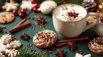 Fototapeta premium Christmas cookies and a glass of hot chocolate on a green background