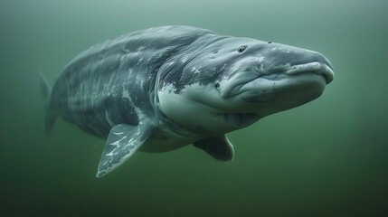 Close up of a large beluga sturgeon in a lake during the migration season this type of fish is known for the highest quality caviar
