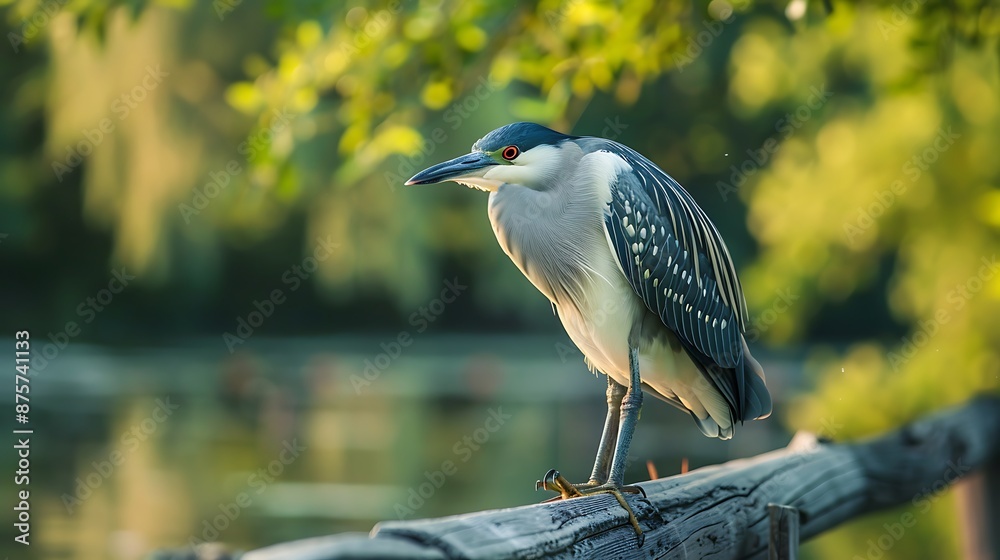 Wall mural Close up side view of one beautiful adult nycticorax black crowned night heron or night heron sitting on fence and eating catched fish by green lake animal portraits theme