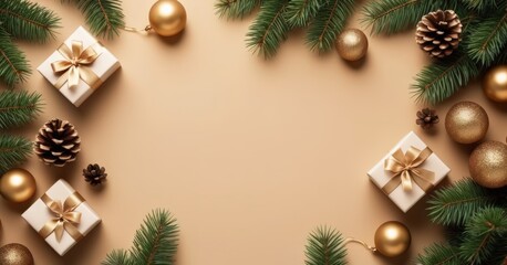Flatlay design, Christmas theme, balls, fir branches, cones, gifts, ribbons. Banner, poster, background. With copy space. Merry Christmas. New Year. Neutral background.