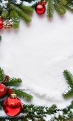 Flatlay design, Christmas theme, balls, fir branches, cones, gifts, ribbons. Banner, poster, background. With copy space. Merry Christmas. New Year. Neutral background.