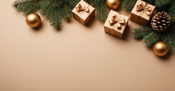 Flatlay design, Christmas theme, balls, fir branches, cones, gifts, ribbons. Banner, poster, background. With copy space. Merry Christmas. New Year. Neutral background.