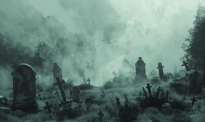 Creepy cemetery background with old tombstones and enveloping fog