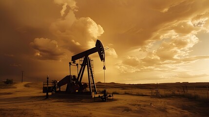 Naklejka premium An oil pump with dark clouds in the background, symbolizing challenges andcouched natural resources, set against a beautiful landscape.