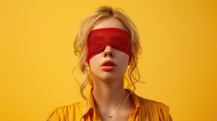 blonde woman with red blindfold on yellow background