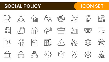 Set of Social Policy and Insuranceline icons. Outline icon collection related to education, insurance, law, goverment and more.