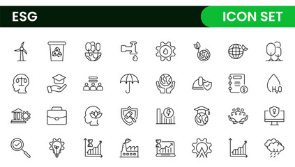 ESG flat line icon set. Outline icon collection related to ecology, environment social governance, risk management, sustainable developmen and more.