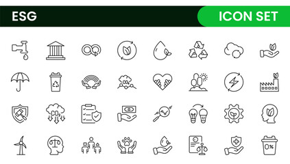 ESG flat line icon set. Outline icon collection related to ecology, environment social governance, risk management, sustainable developmen and more.