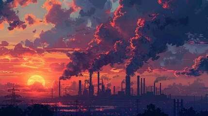 Obraz premium Sunset over an Industrial Cityscape with Billowing Smoke and Vivid Skies