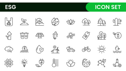 ESG flat line icon set. Outline icon collection related to ecology, environment social governance, risk management, sustainable developmen and more.