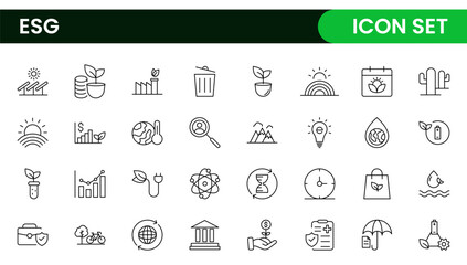 ESG flat line icon set. Outline icon collection related to ecology, environment social governance, risk management, sustainable developmen and more.