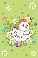 Cute cartoon happy white hen with flowers and leaves illustration.