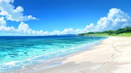 Obraz premium A pristine white sandy beach with crystal clear turquoise waters under the blue sky. The sand is soft and fine as if it were snow, creating an idyllic scene of tranquility.