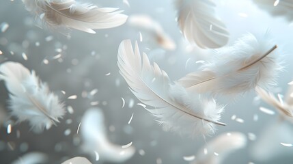 A serene background with delicate feathers floating in the air, creating an ethereal and dreamy atmosphere. The white color scheme adds to its peaceful ambiance.