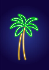 Abstract colorful palm tree, neon glowing illustration. Minimalistic neon glowing line design.