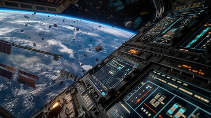 A detailed control panel inside a space station orbiting Earth, showing a digital map of satellite trajectories and space debris management systems.