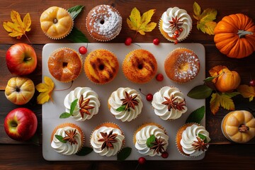 Assorted fall-themed cupcakes and donuts surrounded by apples, pumpkins, and autumn leaves on a wooden table.