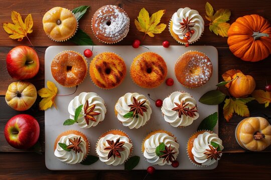 Assorted fall-themed cupcakes and donuts surrounded by apples, pumpkins, and autumn leaves on a wooden table.